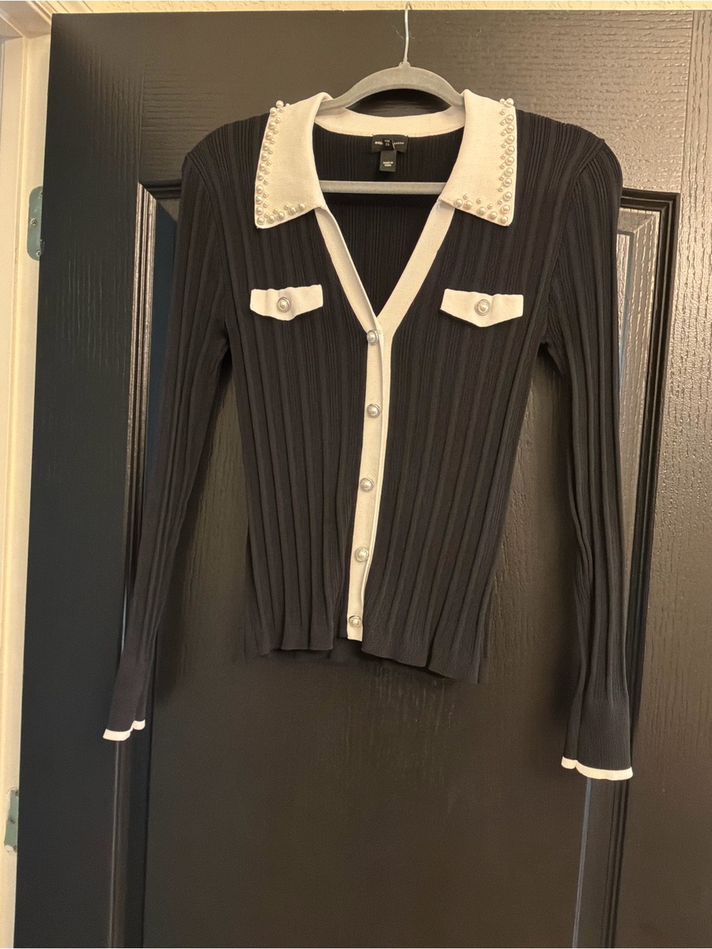 Black Ribbed Button-Front Sweater with White Trim and Studded Collar